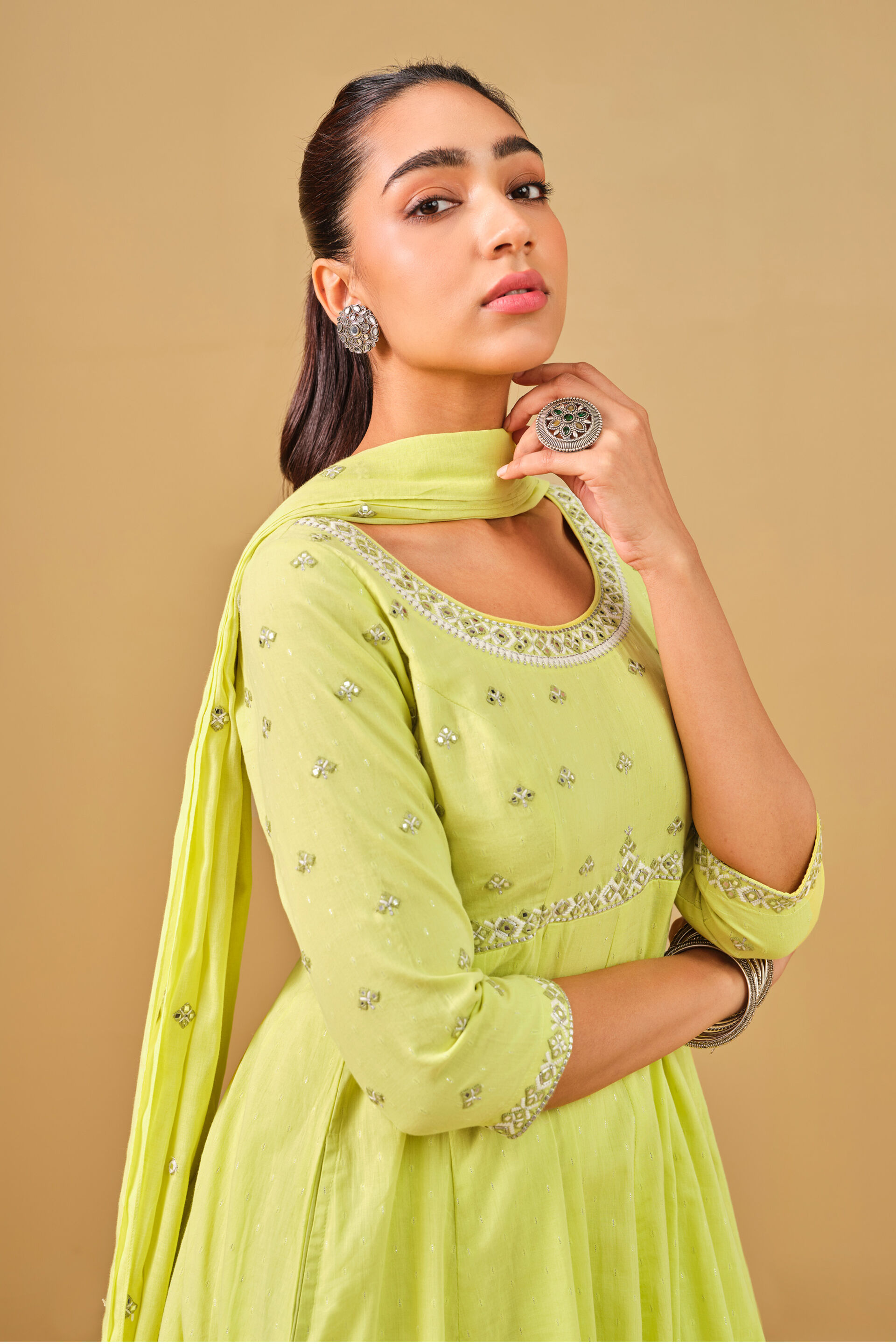 Lime green Embroidered Anarkali Kurta Set, Lime, image 7
